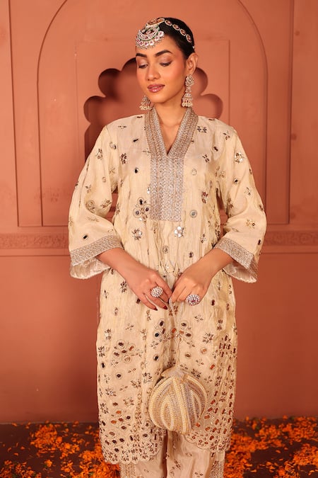 Buy_Tasuvure Indes_Ivory Georgette, Chiffon Mirrors, Embroidery V-neck Aaina Adaa Tunic And Pant Set _Online_at_Aza_Fashions