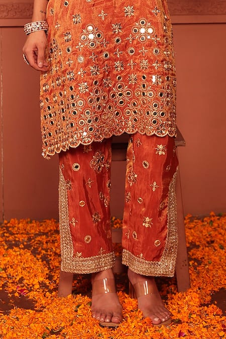 Tasuvure Indes_Orange Georgette, Chiffon Mirrors, Embroidery, Aaina Adaa Kurta And Pant Set _Online_at_Aza_Fashions
