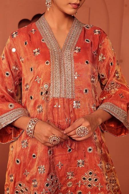 Shop_Tasuvure Indes_Orange Georgette, Chiffon Mirrors, Embroidery, Aaina Adaa Kurta And Pant Set _Online_at_Aza_Fashions