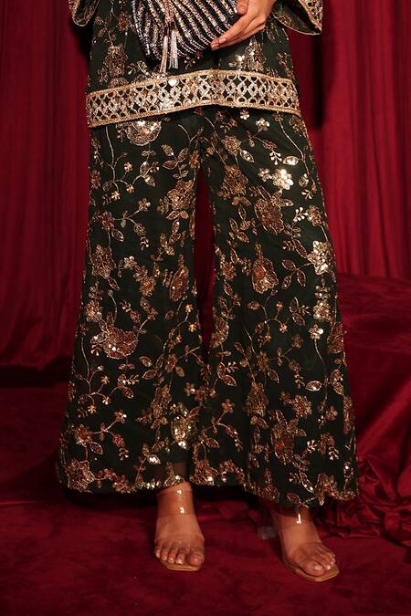 Shop_Tasuvure Indes_Green Georgette, Chiffon Sequins, Embroidery, Zaira Zardozi Kurta And Sharara Set _Online_at_Aza_Fashions