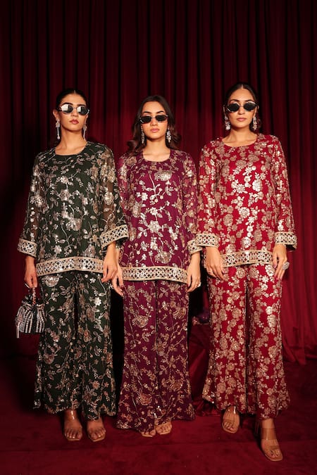 Tasuvure Indes_Green Georgette, Chiffon Sequins, Embroidery, Zaira Zardozi Kurta And Sharara Set _at_Aza_Fashions