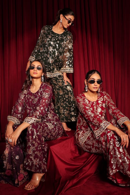 Tasuvure Indes_Red Georgette, Chiffon Sequins, Mirrors, Zaira Zardozi Kurta And Sharara Set _Online_at_Aza_Fashions