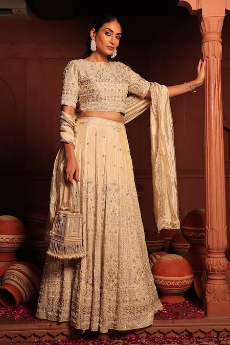 Buy_Tasuvure Indes_Ivory Georgette, Chiffon Sequins, Embroidery, Inaaya Cutdana Lehenga Set _Online_at_Aza_Fashions