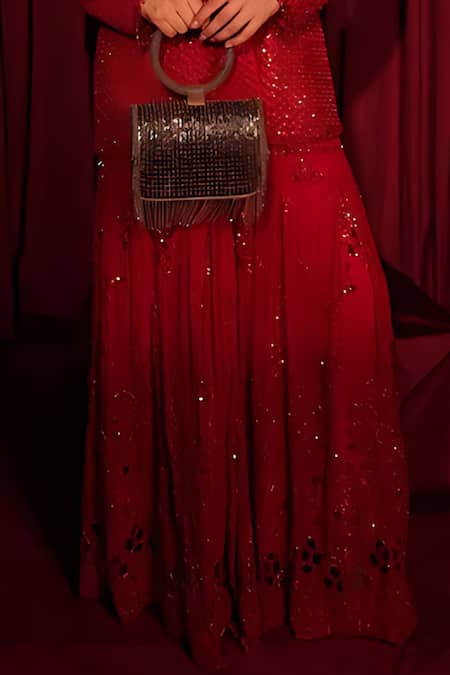 Tasuvure Indes_Red Georgette, Chiffon Sequins, Embroidery V-neck Inaari Kurta And Sharara Set _Online_at_Aza_Fashions