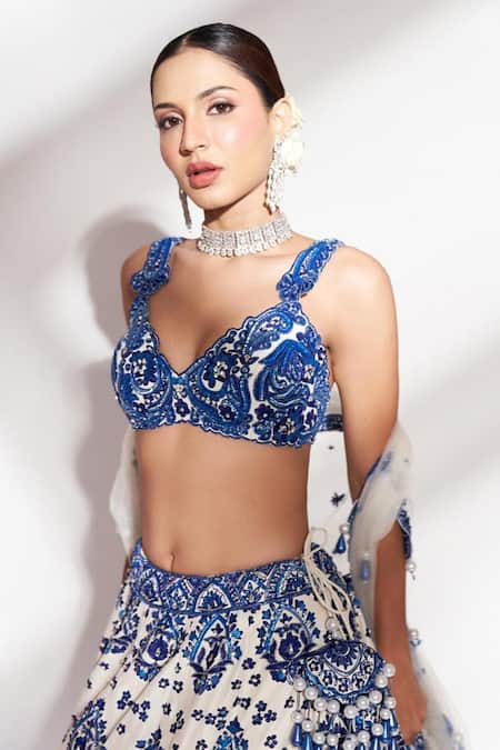 Anshika Tak Label_White Tussar, Silk, Net Embroidery, Sequins Threadwork And Bridal Lehenga Set _Online_at_Aza_Fashions