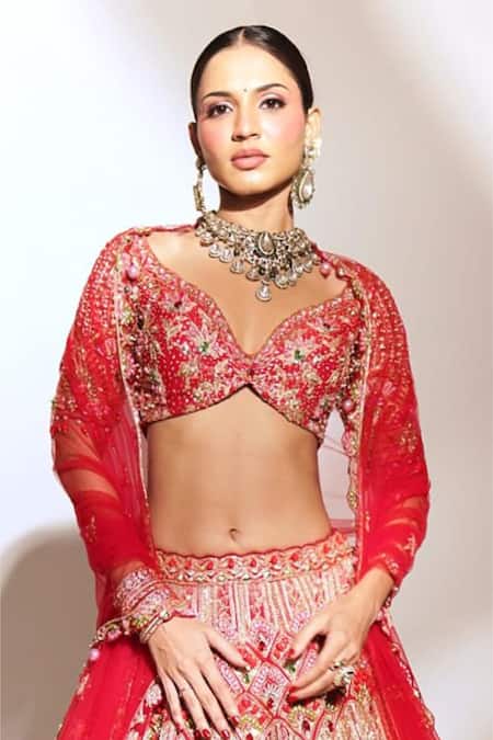 Anshika Tak Label_Red Tussar, Silk, Net Zari, Sequins, Stones, Embroidery Bridal Lehenga Set _Online_at_Aza_Fashions