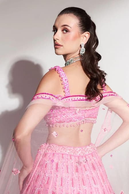 Anshika Tak Label_Pink Net Sequins, Beads, Embroidery Sweetheart Neck And Lehenga Set _Online_at_Aza_Fashions