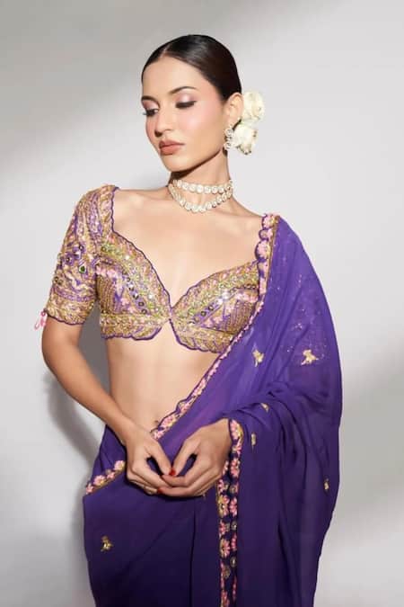 Anshika Tak Label_Purple Organza, Tussar, Silk Sequins, Embroidery, Floral Saree With Blouse _Online_at_Aza_Fashions