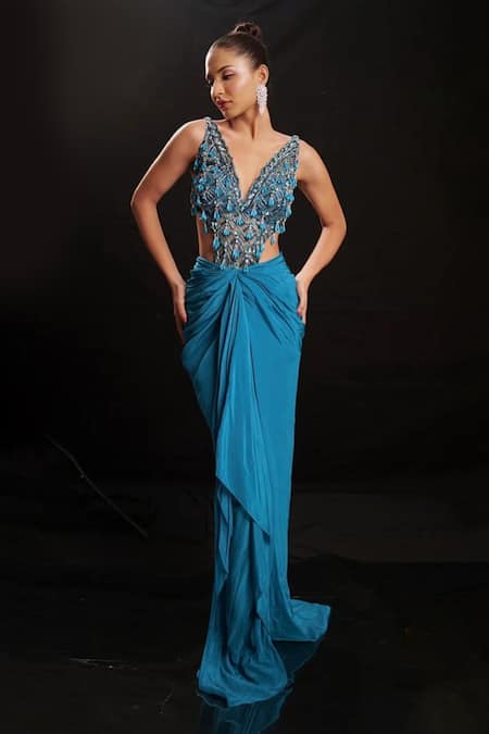 Anshika Tak Label Geometric Beadwork Sequin Draped Dress 