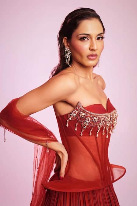 Anshika Tak Label_Red Net, Silk Organza Beads, Crystals, Gemstones Embellished Corset Lehenga Set _Online_at_Aza_Fashions