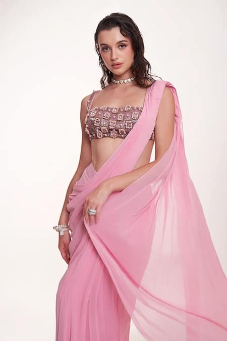 Anshika Tak Label_Pink Georgette, Net Mirrors, Geometric Mirrorwork Blouse With Pre-draped Saree _Online_at_Aza_Fashions