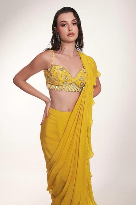 Anshika Tak Label Ruffled Pre-Draped Saree With Embellished Bralette 