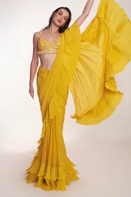 Anshika Tak Label Ruffled Pre-Draped Saree With Embellished Bralette 