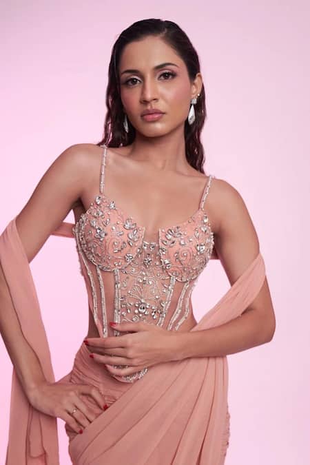 Anshika Tak Label_Peach Georgette, Net Sequins, Crystals, Embellished Corset With Pre-draped Saree _Online_at_Aza_Fashions
