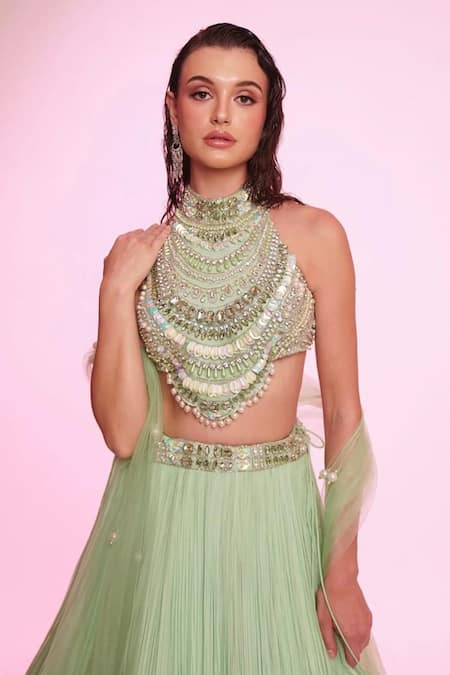 Anshika Tak Label Green Silk Organza, Net Mirrors, Sequins, Beads, Pearls Embroidered Lehenga Set Online at Aza Fashions Anshika Tak Label_Green Silk Organza, Net Mirrors, Sequins, Beads, Pearls Embroidered Lehenga Set _Online_at_Aza_Fashions