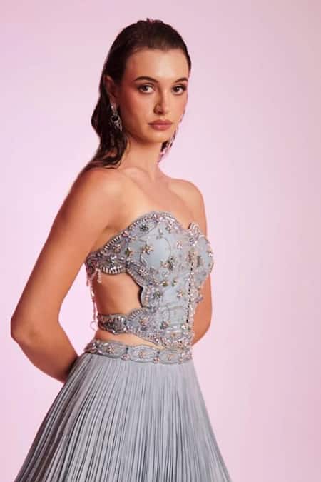 Anshika Tak Label Blue Crepe, Net Beads, Stones, Sequins Embellished Corset Blouse Lehenga Set Online at Aza Fashions Anshika Tak Label_Blue Crepe, Net Beads, Stones, Sequins Embellished Corset Blouse Lehenga Set _Online_at_Aza_Fashions