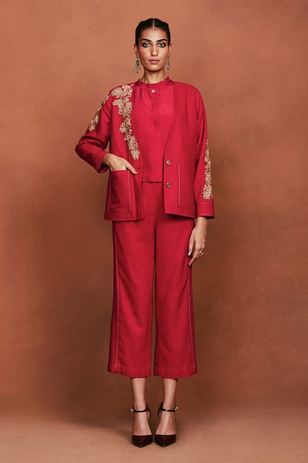 Sue Mue Omi Floral Embroidered Jacket & Pant Set 
