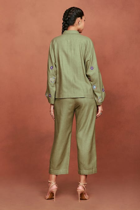 Sue Mue Jin Floral Embroidered Shirt & Pant Set 