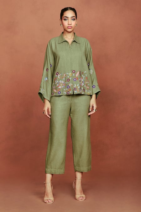 Sue Mue Jin Floral Embroidered Shirt & Pant Set 