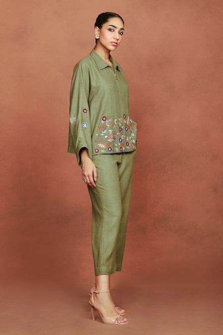 Shop_Sue Mue_Olive Green Silk Embroidery Collared Jin Floral Shirt And Pant Set _Online_at_Aza_Fashions