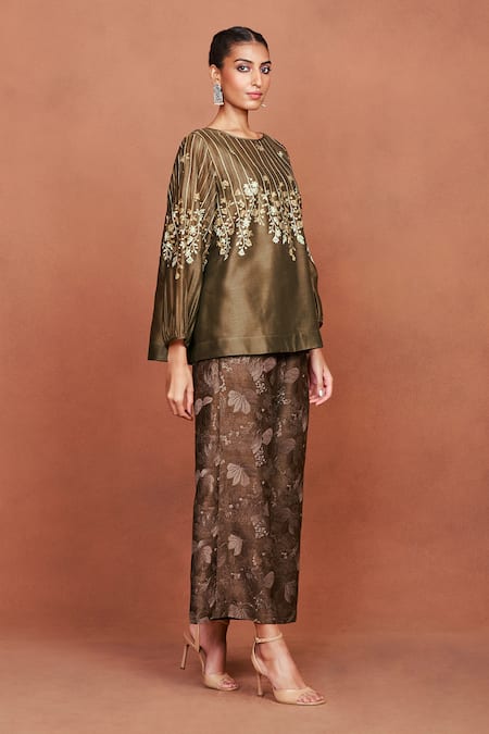 Buy_Sue Mue_Olive Green Chanderi , Embroidery Saai Floral Pattern Top And Pant Set _Online_at_Aza_Fashions