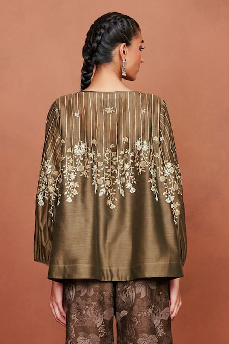 Shop_Sue Mue_Olive Green Chanderi , Embroidery Saai Floral Pattern Top And Pant Set _Online_at_Aza_Fashions