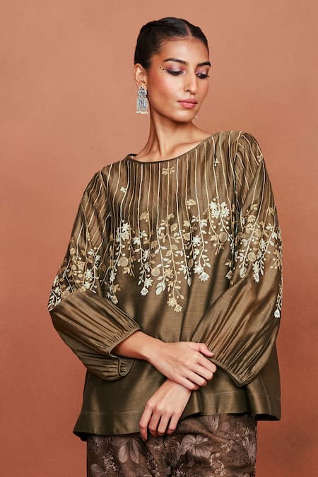 Sue Mue_Olive Green Chanderi , Embroidery Saai Floral Pattern Top And Pant Set _at_Aza_Fashions