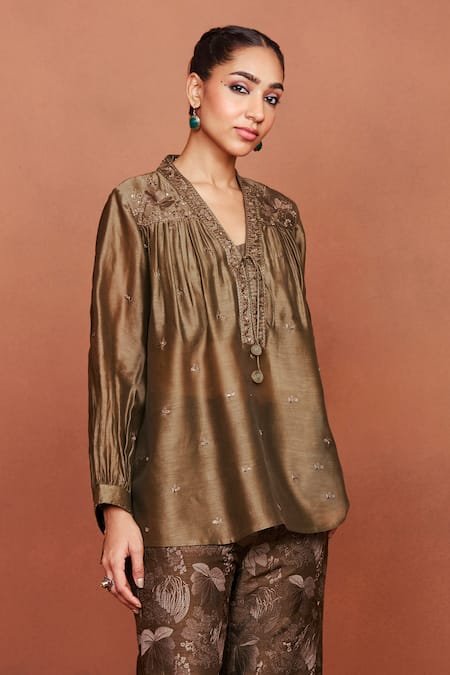 Buy_Sue Mue_Olive Green Chanderi , Embroidery, Aashi Floral Pattern Top And Pant Set _Online_at_Aza_Fashions