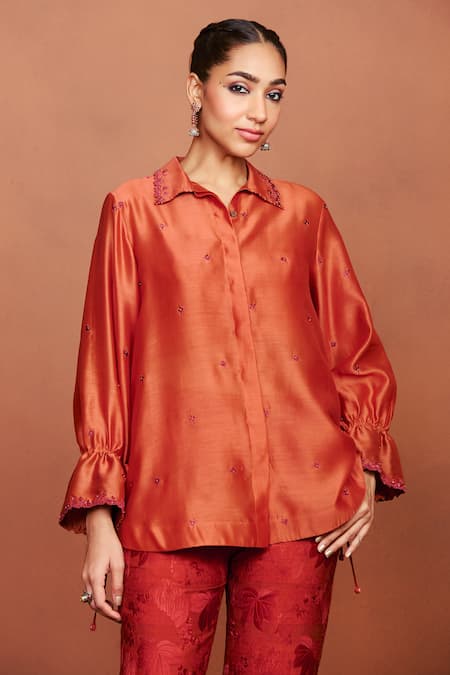 Buy_Sue Mue_Orange Chanderi , Embroidery, Beads, Zun Floral Butti Shirt And Pant Set _Online_at_Aza_Fashions