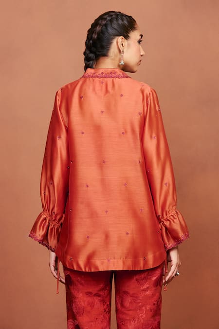 Shop_Sue Mue_Orange Chanderi , Embroidery, Beads, Zun Floral Butti Shirt And Pant Set _Online_at_Aza_Fashions