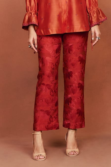 Sue Mue_Orange Chanderi , Embroidery, Beads, Zun Floral Butti Shirt And Pant Set _at_Aza_Fashions