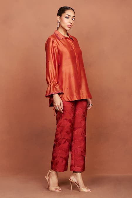Buy_Sue Mue_Orange Chanderi , Embroidery, Beads, Zun Floral Butti Shirt And Pant Set 