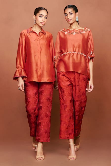 Shop_Sue Mue_Orange Chanderi , Embroidery, Beads, Zun Floral Butti Shirt And Pant Set 