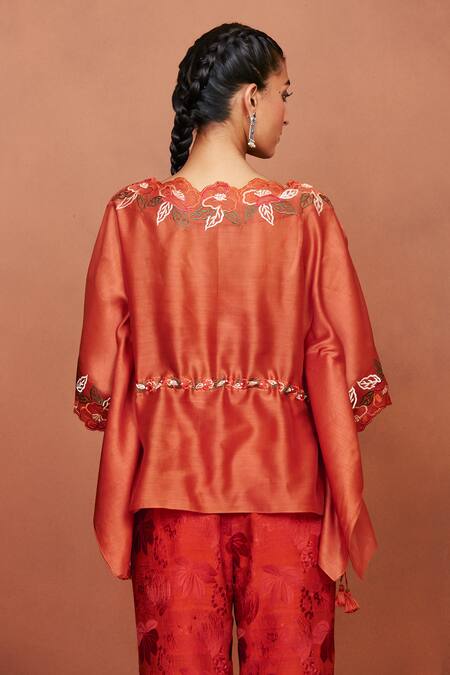 Buy_Sue Mue_Rust Chanderi , Embroidery, Tassels, Cut Luha Thread Top And Pant Set _Online_at_Aza_Fashions