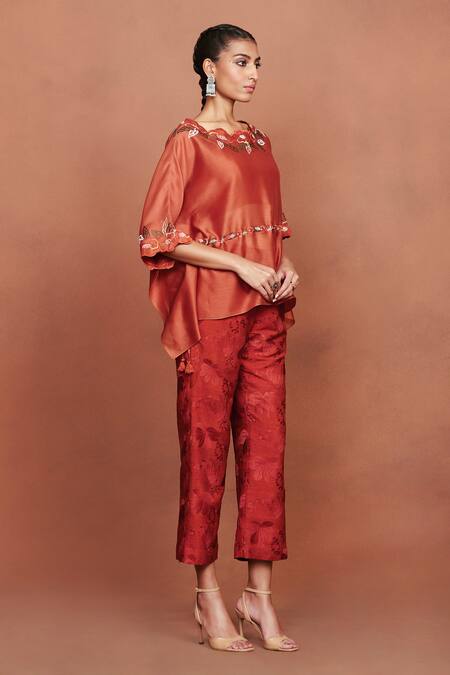 Shop_Sue Mue_Rust Chanderi , Embroidery, Tassels, Cut Luha Thread Top And Pant Set _Online_at_Aza_Fashions