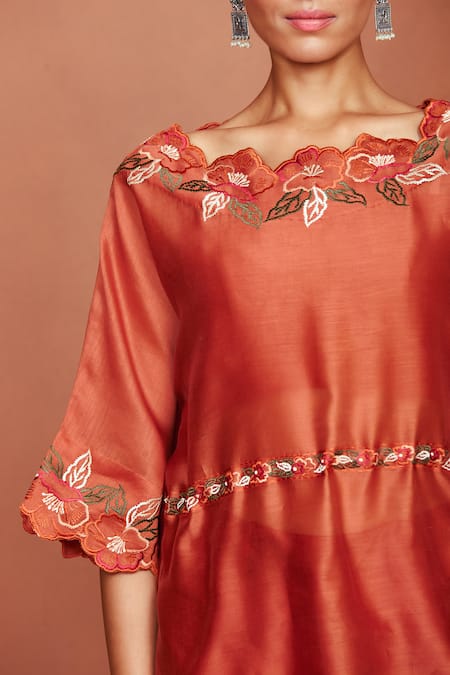 Sue Mue_Rust Chanderi , Embroidery, Tassels, Cut Luha Thread Top And Pant Set _at_Aza_Fashions