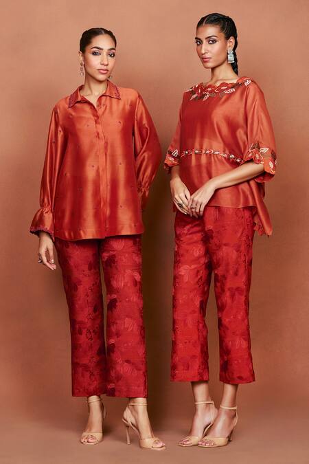 Shop_Sue Mue_Rust Chanderi , Embroidery, Tassels, Cut Luha Thread Top And Pant Set 