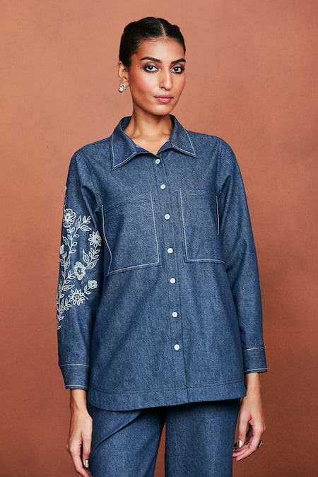 Sue Mue_Blue Denim Embroidery, Beads Collared Rii Placed Floral Shirt And Pant Set _Online_at_Aza_Fashions