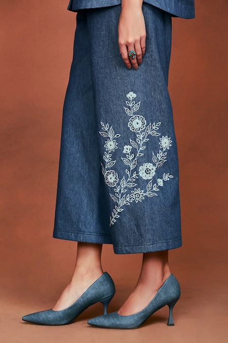 Shop_Sue Mue_Blue Denim Embroidery, Beads Collared Rii Placed Floral Shirt And Pant Set _Online_at_Aza_Fashions