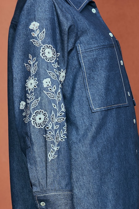 Sue Mue_Blue Denim Embroidery, Beads Collared Rii Placed Floral Shirt And Pant Set _at_Aza_Fashions