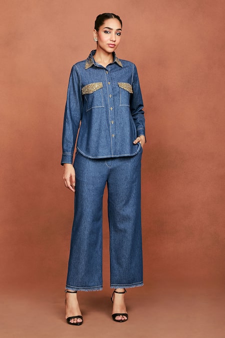 Sue Mue Nim Placed Sequin Embroidered Shirt & Pant Set 
