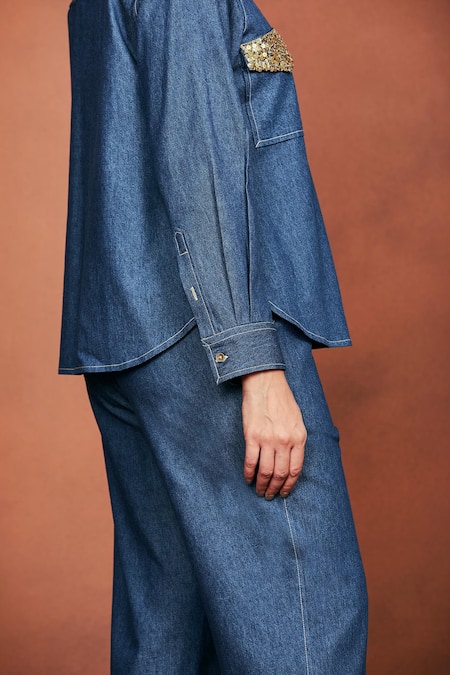 Sue Mue_Blue Denim Sequins, Beads, Embroidery Collared Placed Shirt And Pant Set _Online_at_Aza_Fashions