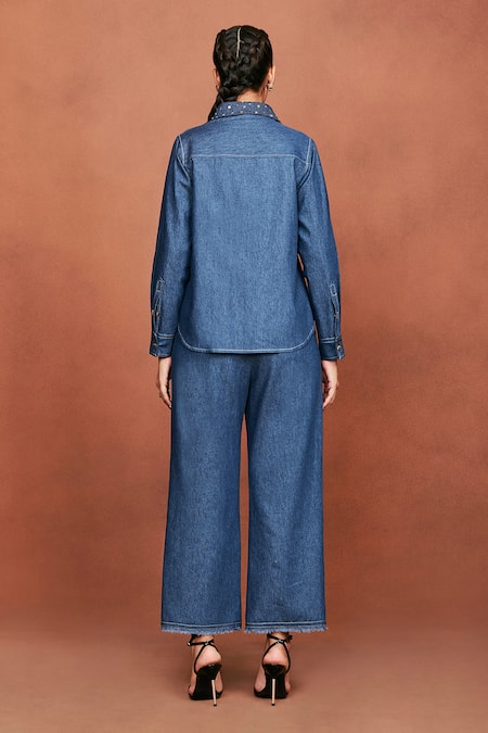 Sue Mue Nim Placed Sequin Embroidered Shirt & Pant Set 