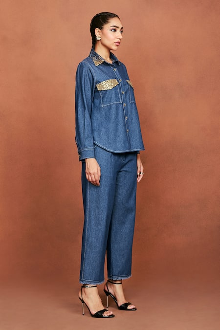 Buy_Sue Mue_Blue Denim Sequins, Beads, Embroidery Collared Placed Shirt And Pant Set _Online_at_Aza_Fashions