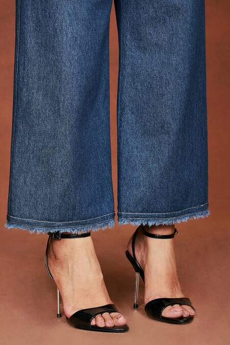 Shop_Sue Mue_Blue Denim Sequins, Beads, Embroidery Collared Placed Shirt And Pant Set _Online_at_Aza_Fashions