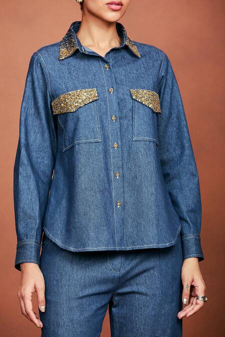 Sue Mue_Blue Denim Sequins, Beads, Embroidery Collared Placed Shirt And Pant Set _at_Aza_Fashions