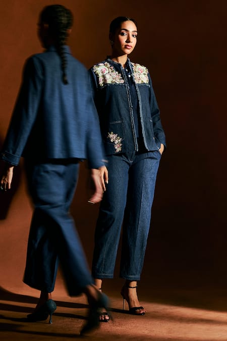 Buy_Sue Mue_Blue Denim Sequins, Beads, Pearls, Bij Floral Bunch Jacket And Pant Set _Online_at_Aza_Fashions