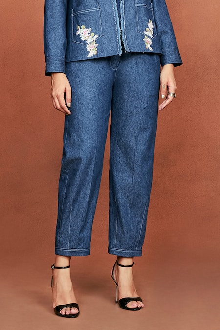 Sue Mue_Blue Denim Sequins, Beads, Pearls, Bij Floral Bunch Jacket And Pant Set _at_Aza_Fashions