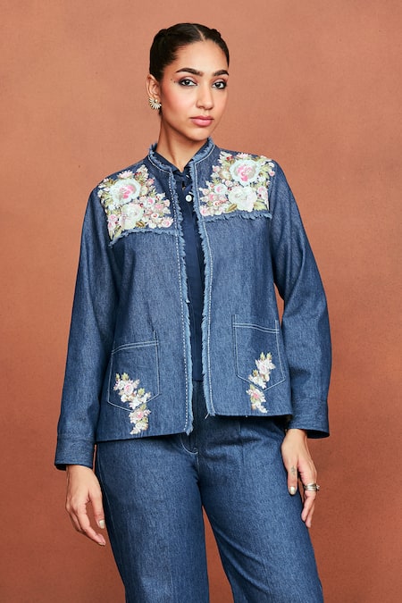 Buy_Sue Mue_Blue Denim Sequins, Beads, Pearls, Bij Floral Bunch Jacket And Pant Set 
