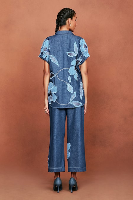 Sue Mue Ruba Floral Applique Shirt & Pant Set 